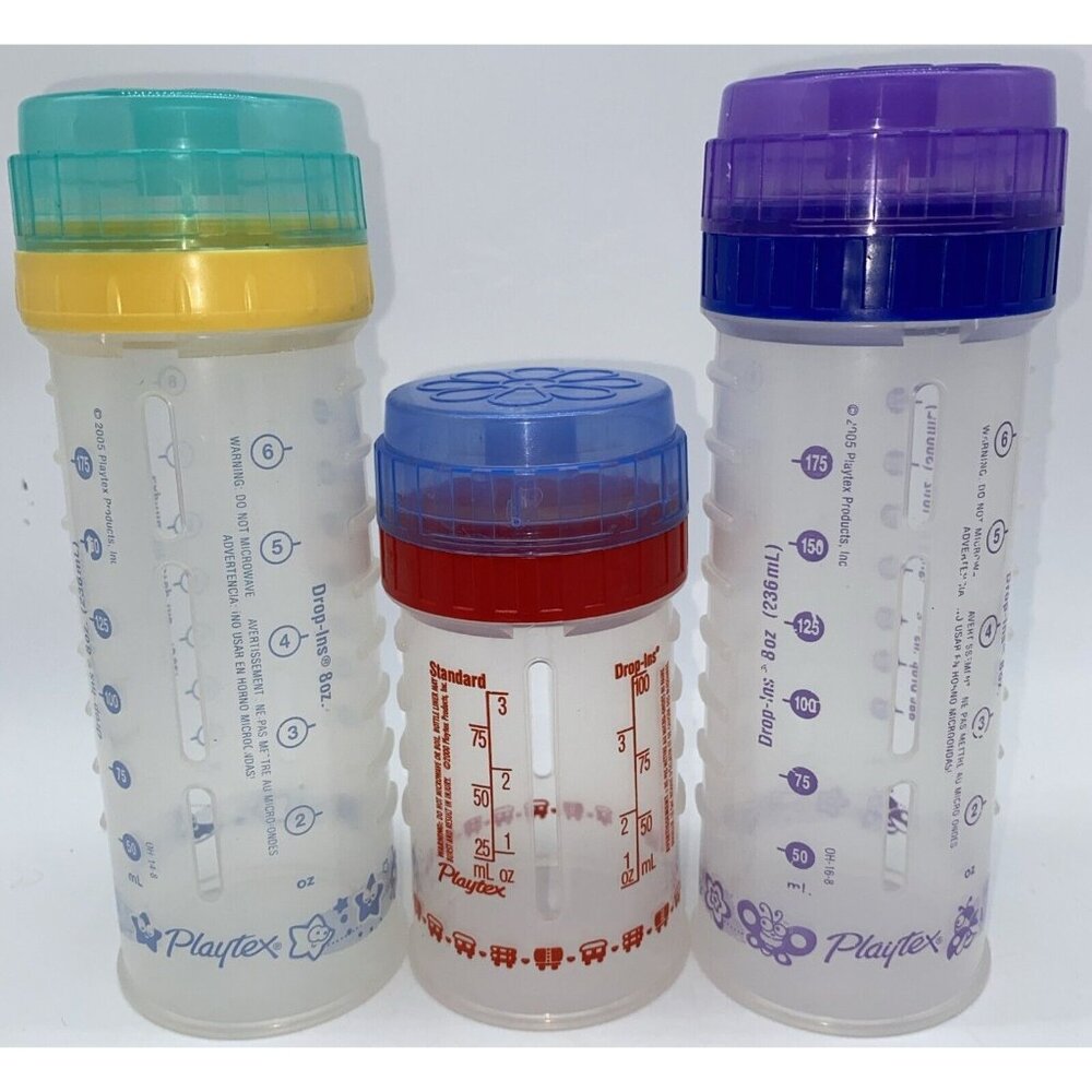 Playtex Nurser Drop-Ins Baby Bottles Set Of 3 With Caps Infant Vintage